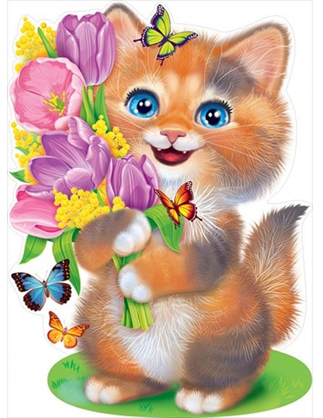 Котик с тюльпанами. Плакат вырубной А2